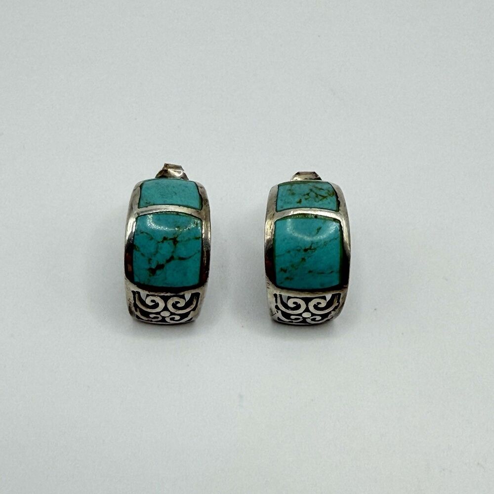 925 Sterling Silver Turquoise Half Round Earrings Vintage Southwest Style